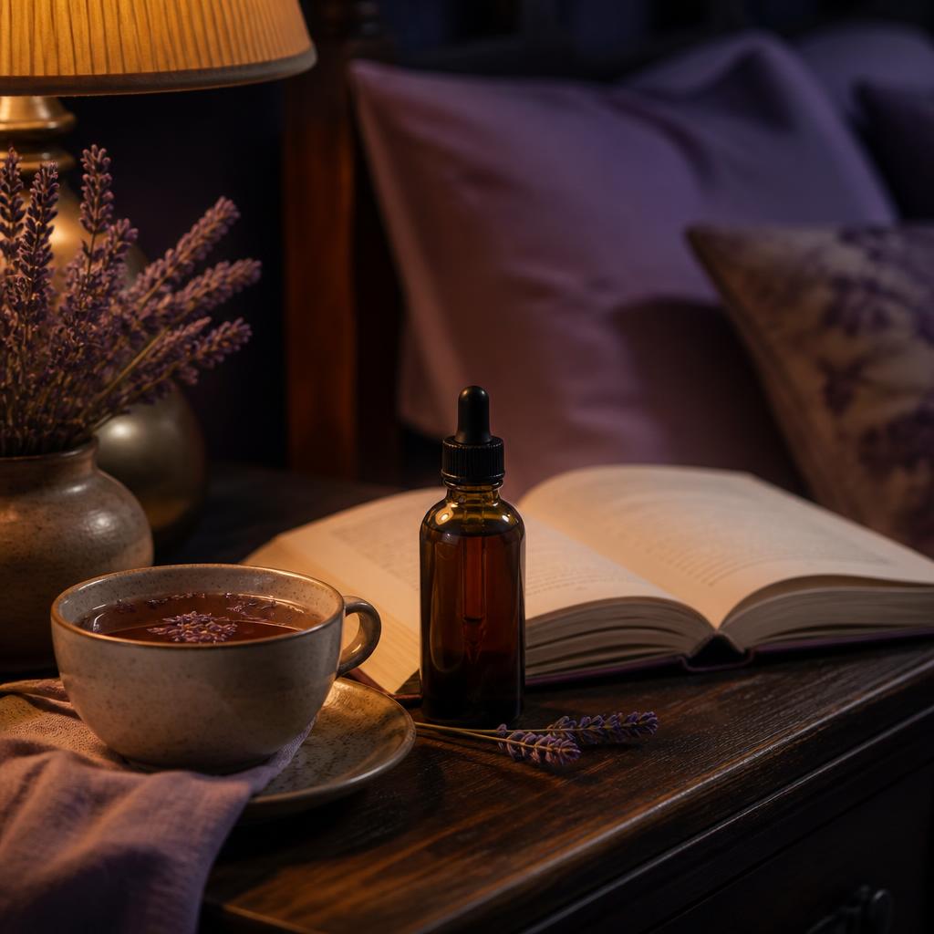 A cozy nightstand wind-down scene with herbal tea, an open book, and a simple amber dropper bottle in low light